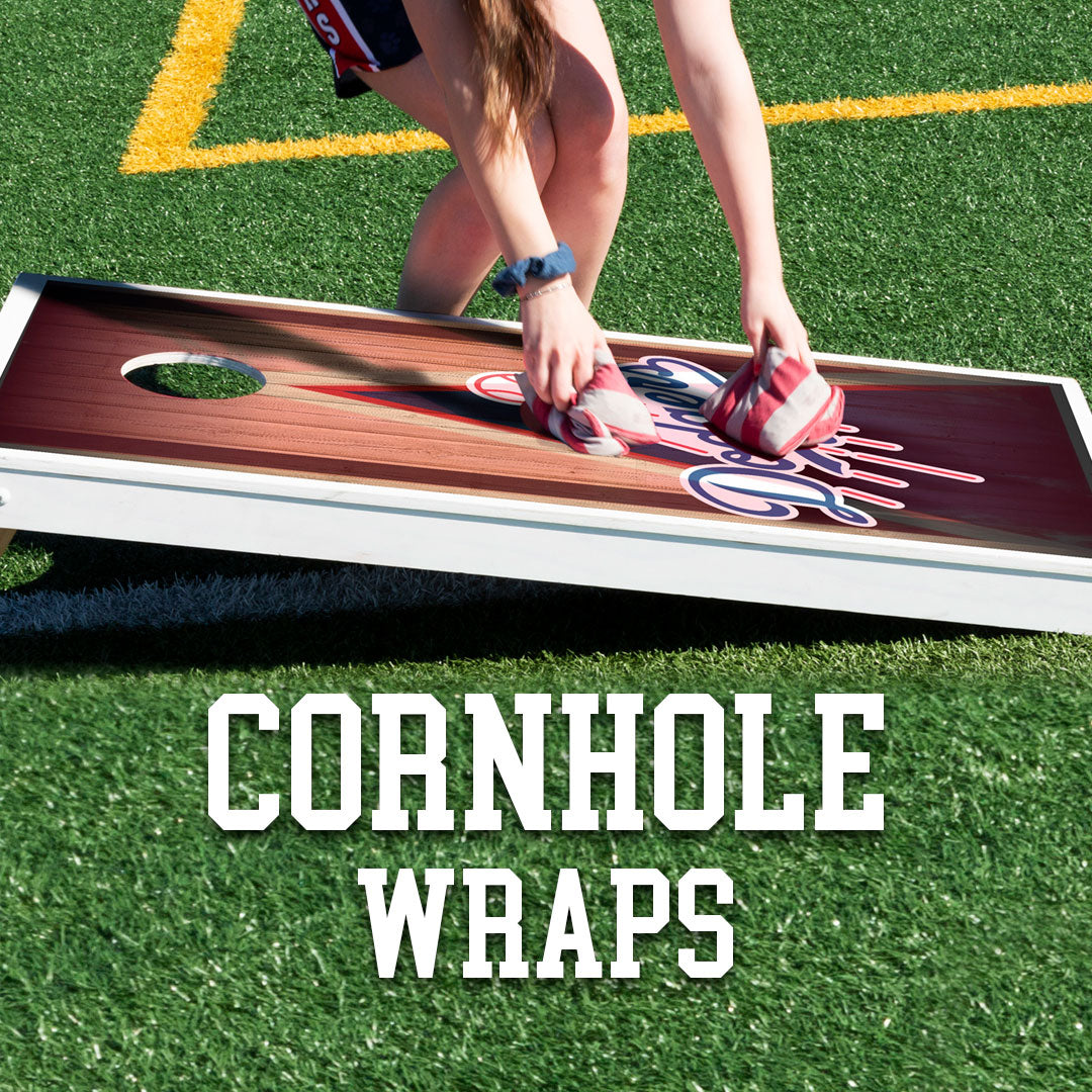 Image of a man playing next to a cornhole board and the text Cornhole wraps in white letters and an arrow