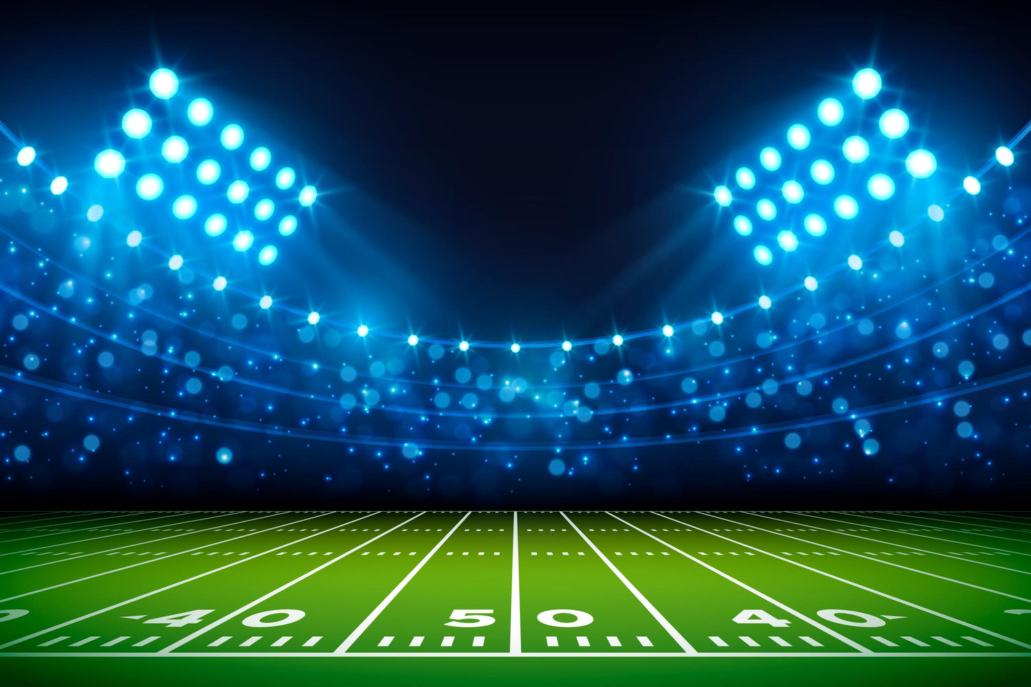 Image of a football field with numbers and well illuminated